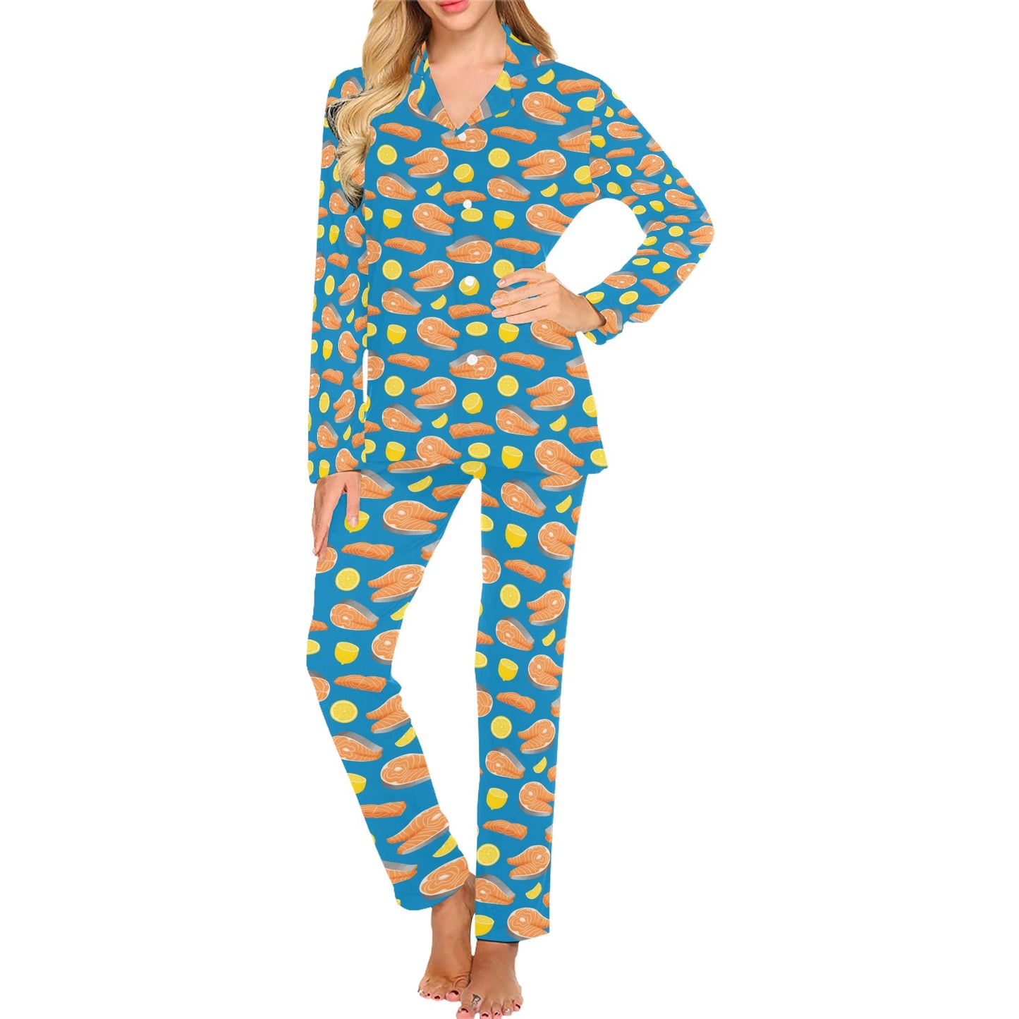 Salmon Steak With Lemon Print Design LKS308 Women's Long Pajama Set