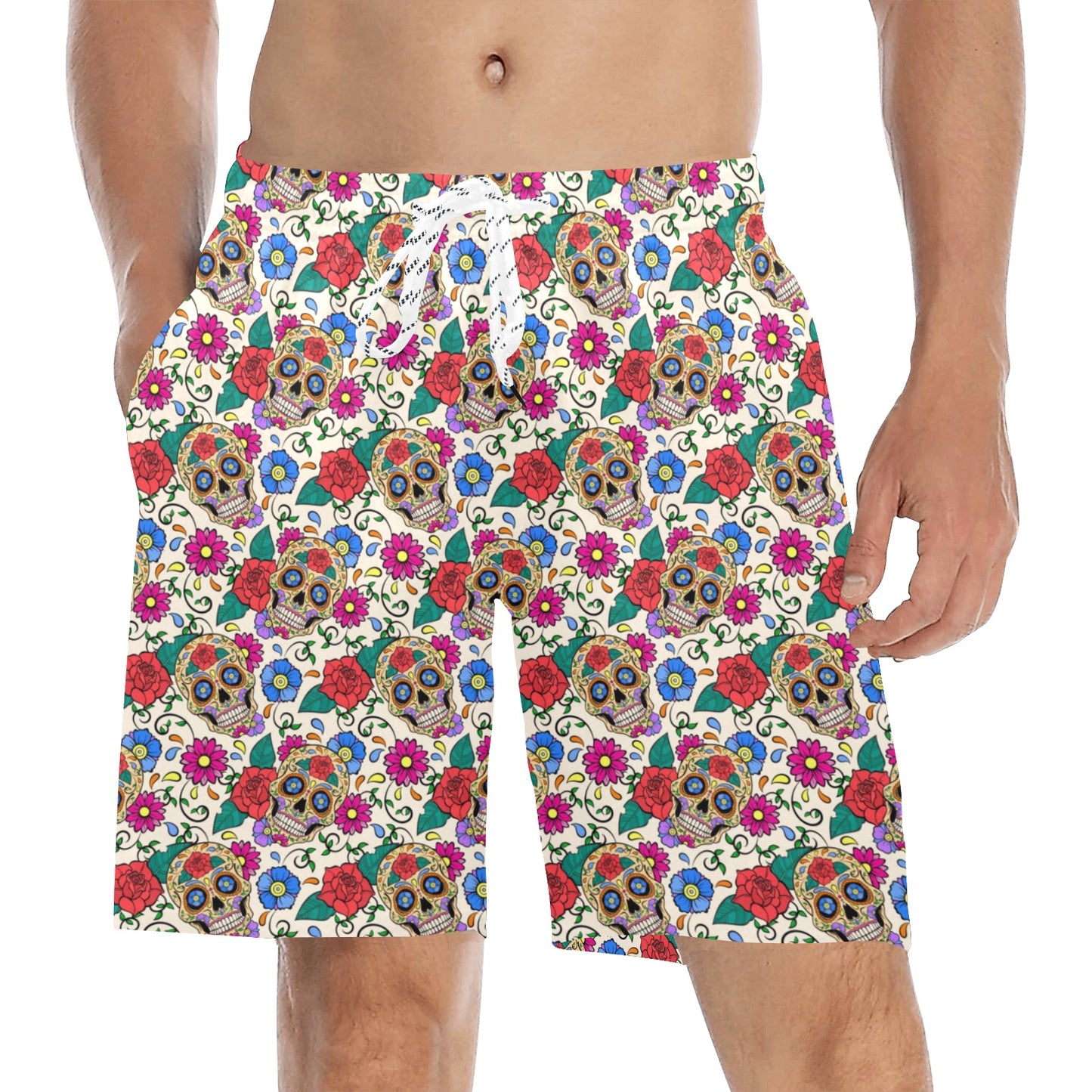 Sugar Skull Colorful Themed Print Men's Swim Trunks Beach Shorts