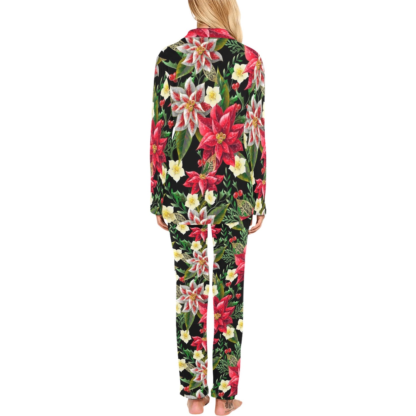 Poinsettia Pattern Print Design POT05 Women's Long Pajama Set