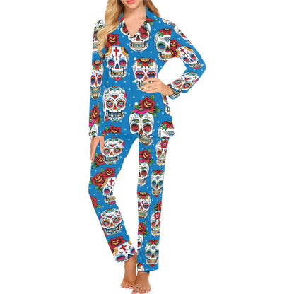 Sugar Skull Rose Pattern Women's Long Pajama Set