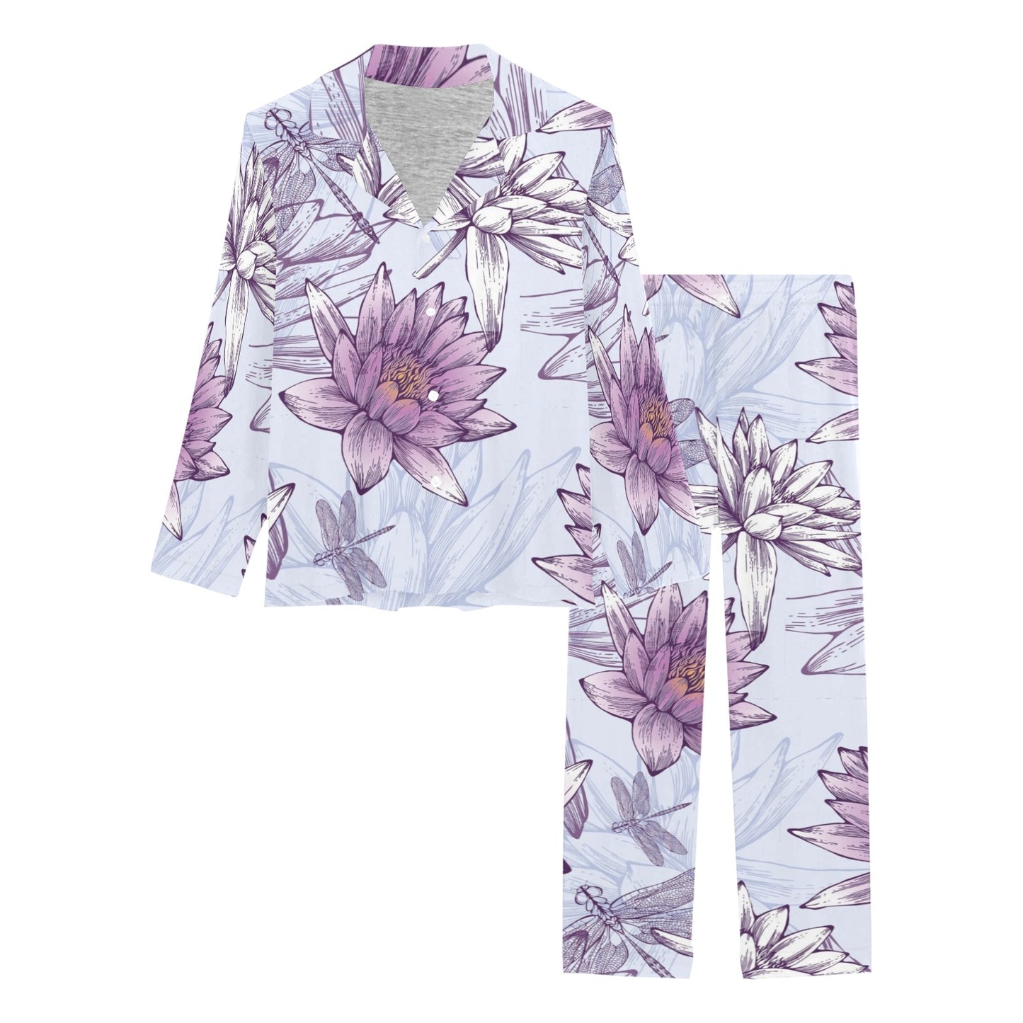 Water Lily Pattern Print Design WL01 Women's Long Pajama Set