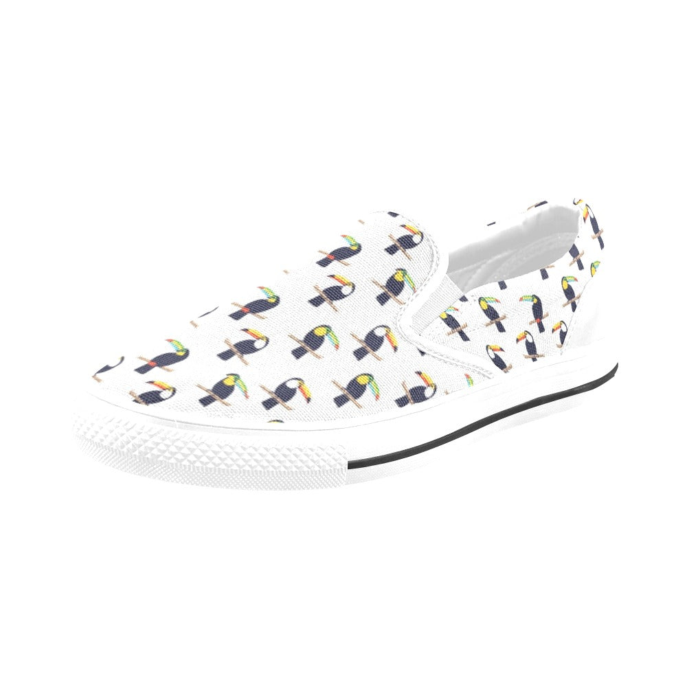 Toucan Print Design LKS305 White Slip Ons Canvas Women's Shoes
