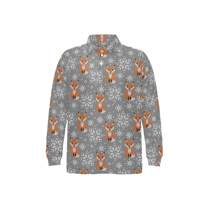Knit Red Fox Pattern Print Design 02 Long Sleeve Polo Shirt For Men's