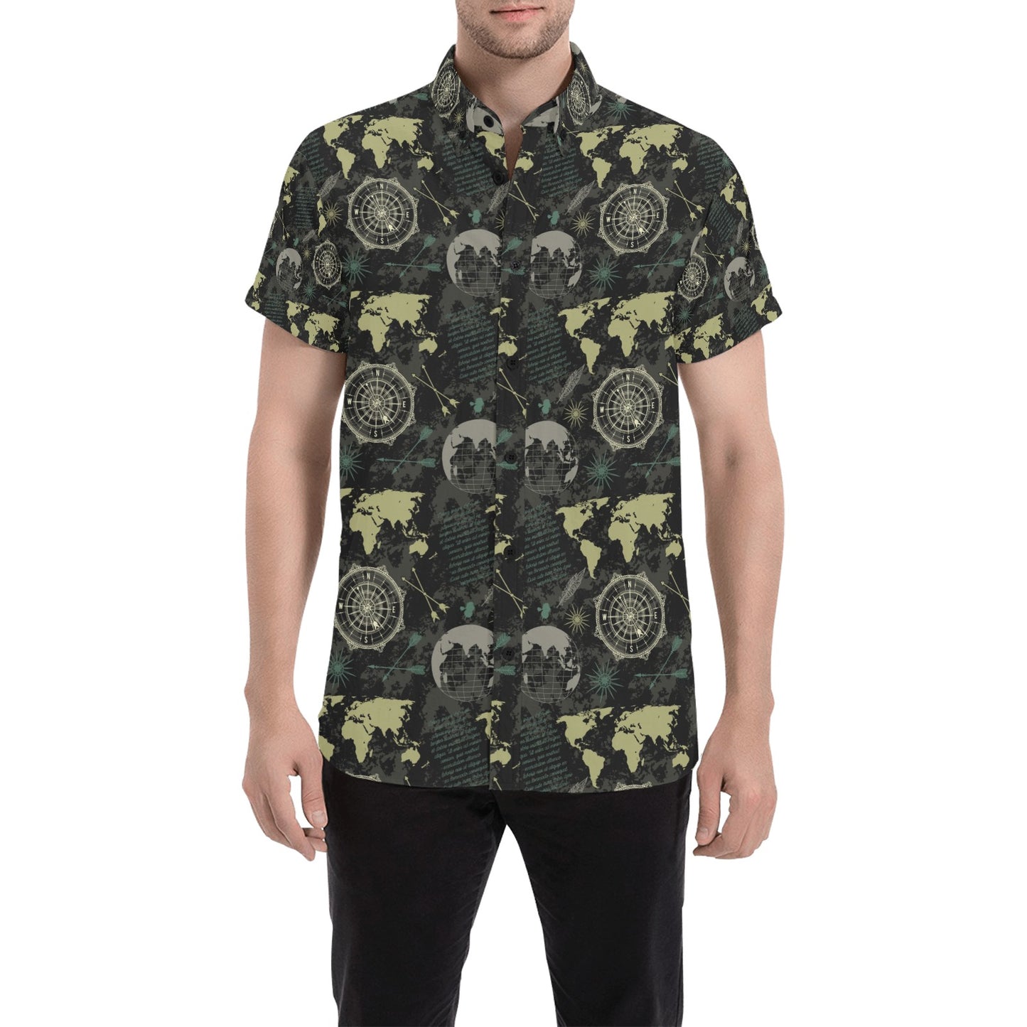 World Map Print Design LKS303 Men Short Sleeve Button Up Shirt