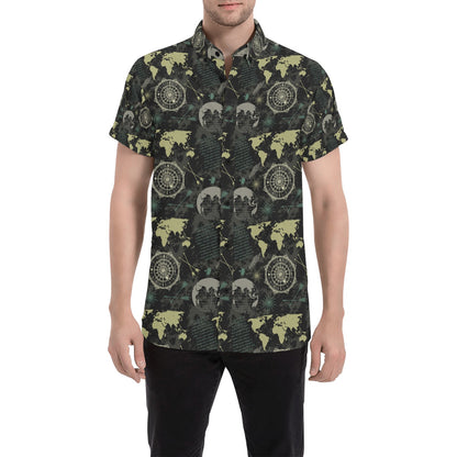 World Map Print Design LKS303 Men Short Sleeve Button Up Shirt