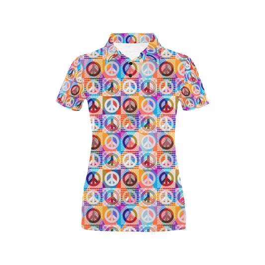 Peace Sign Patchwork Design Print Women's Polo Shirt