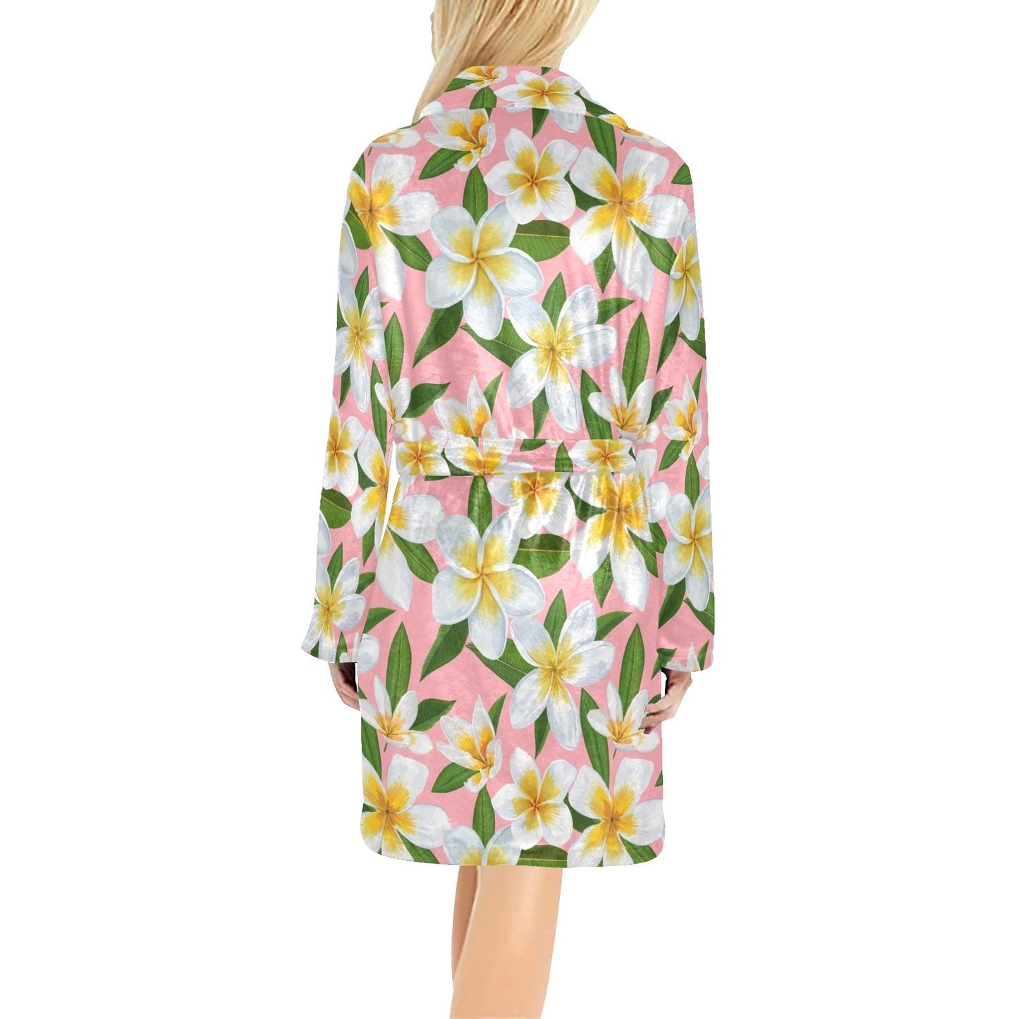White Plumeria Pattern Print Design PM011 Women's Fleece Robe