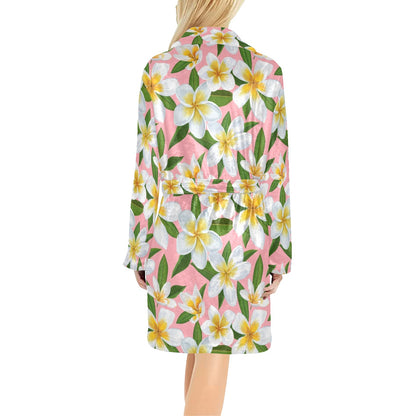 White Plumeria Pattern Print Design PM011 Women's Fleece Robe