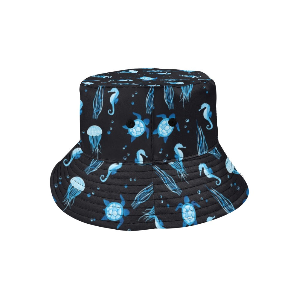 Sea Turtle Jelly Fish Sea Horse Print Design LKS3014 Unisex Bucket Hat