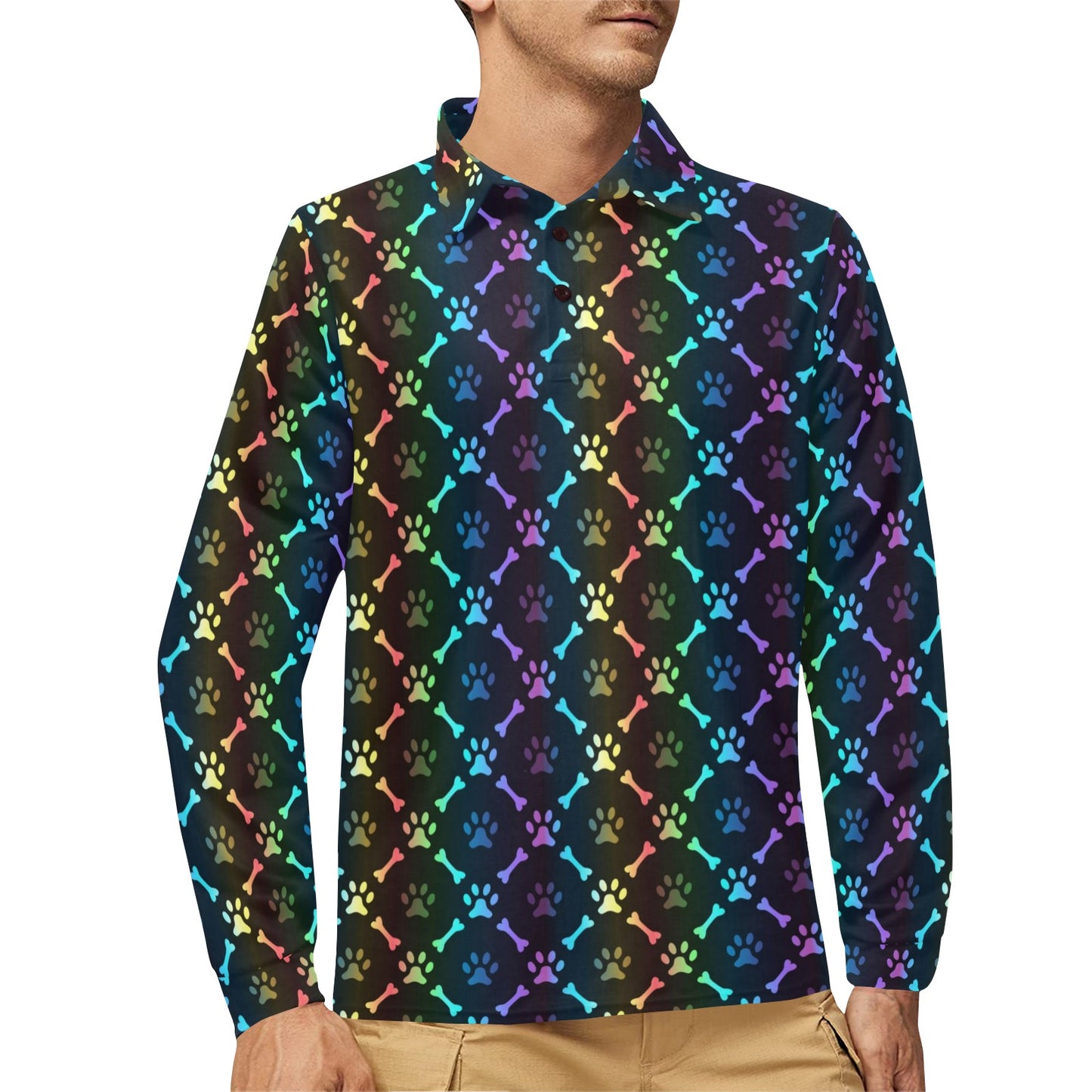 Paw Rainbow Print Long Sleeve Polo Shirt For Men's