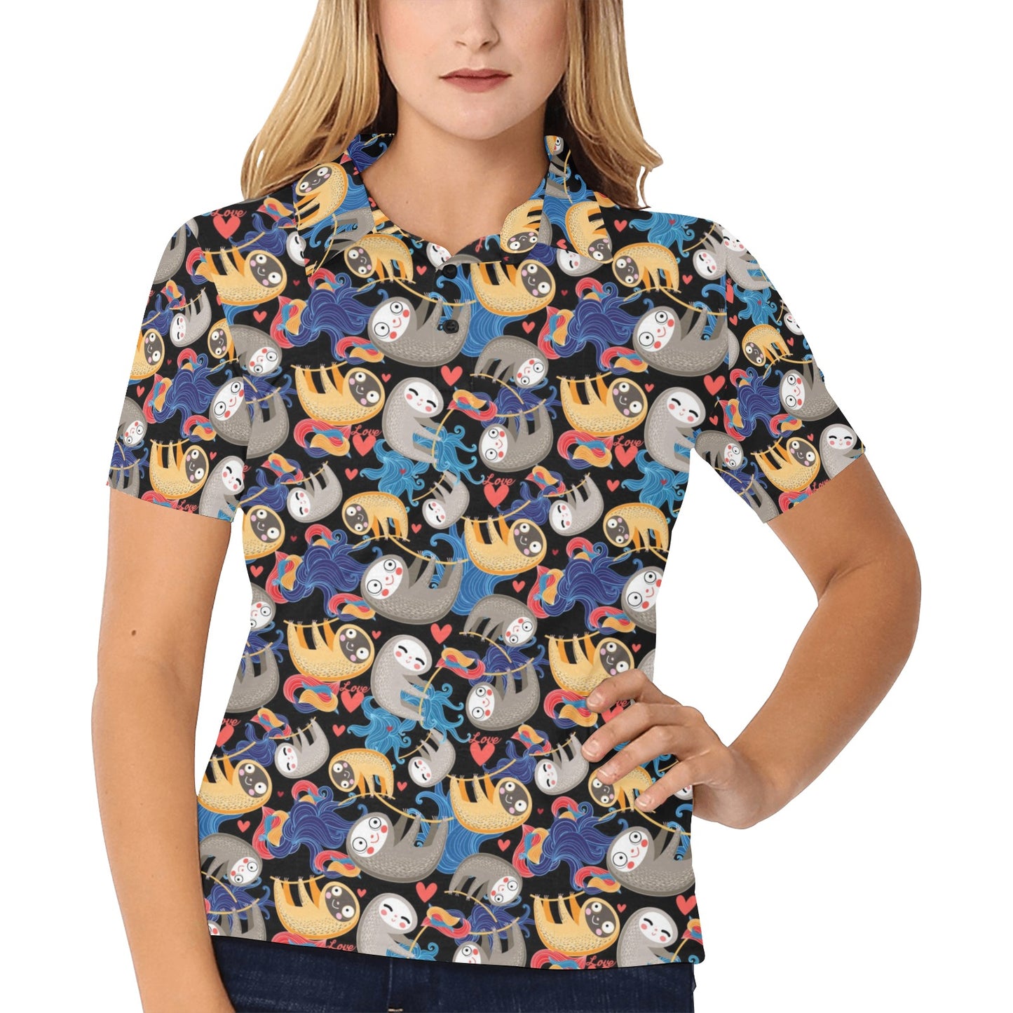 Sloth Cartoon Design Themed Print Women's Polo Shirt