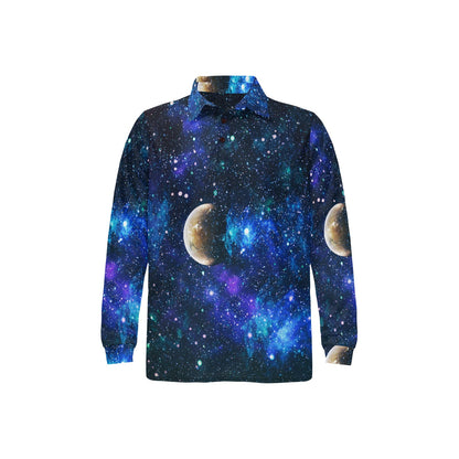 Galaxy Stardust Planet Space Print Long Sleeve Polo Shirt For Men's