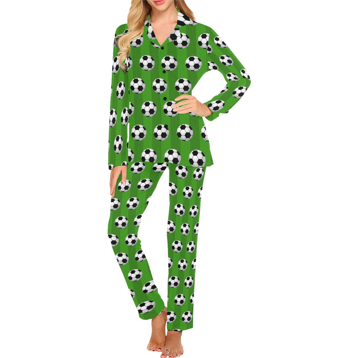 Soccer Ball Green Backgrpund Print Women's Long Pajama Set