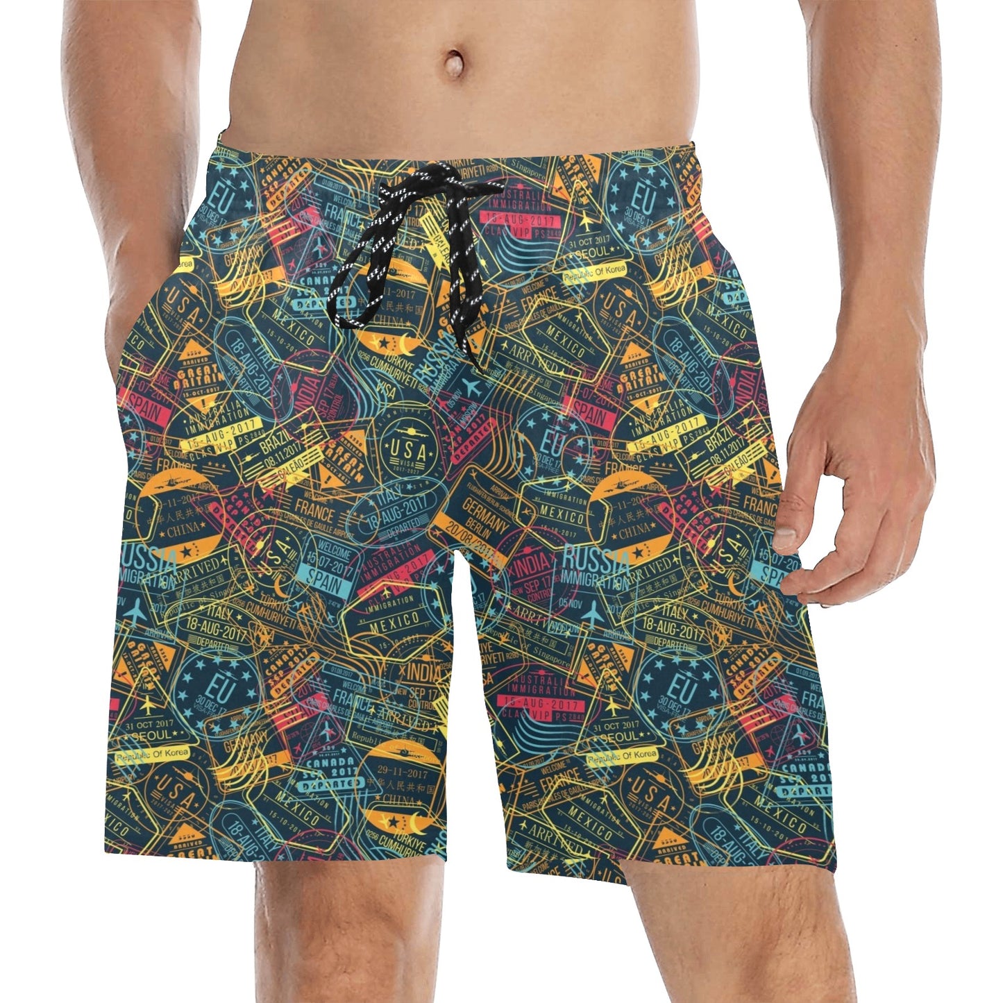 Travel Stamp Colorful Print Design LKS304 Men's Swim Trunks Beach Shorts