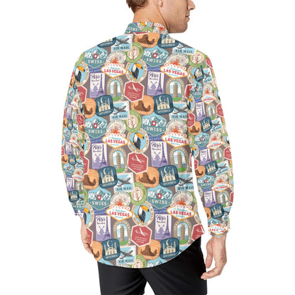 Travel Stamp Print Design LKS301 Men's Long Sleeve Dress Shirt