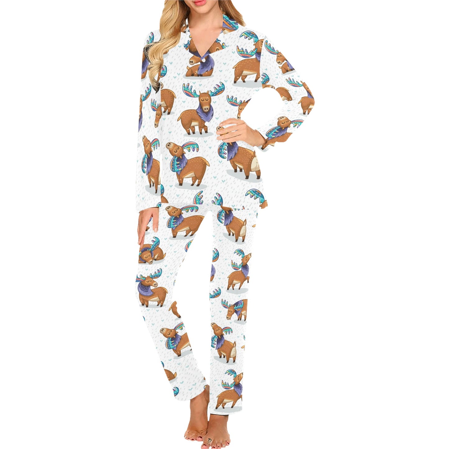 Moose Cute Pattern Print Design 01 Women's Long Pajama Set