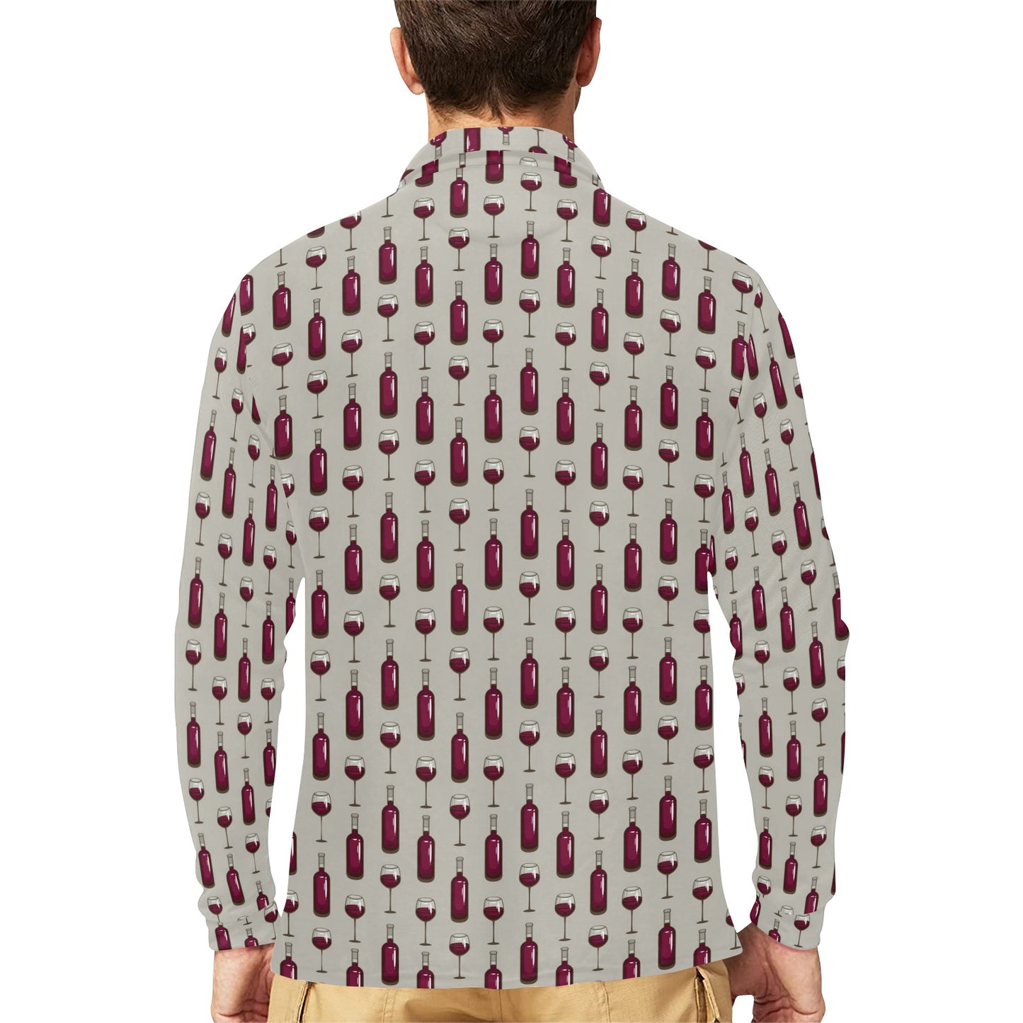 Wine Bottle Pattern Print Long Sleeve Polo Shirt For Men's