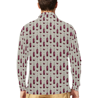 Wine Bottle Pattern Print Long Sleeve Polo Shirt For Men's