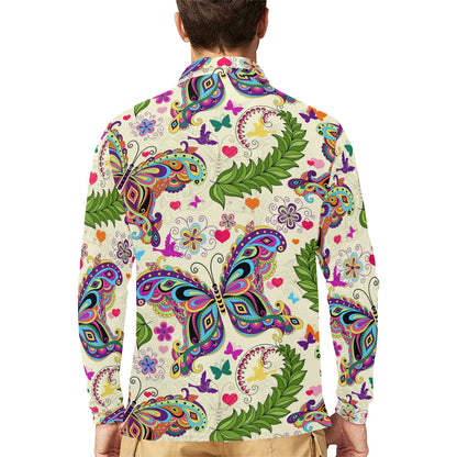 Butterfly Colorful Indian Style Long Sleeve Polo Shirt For Men's