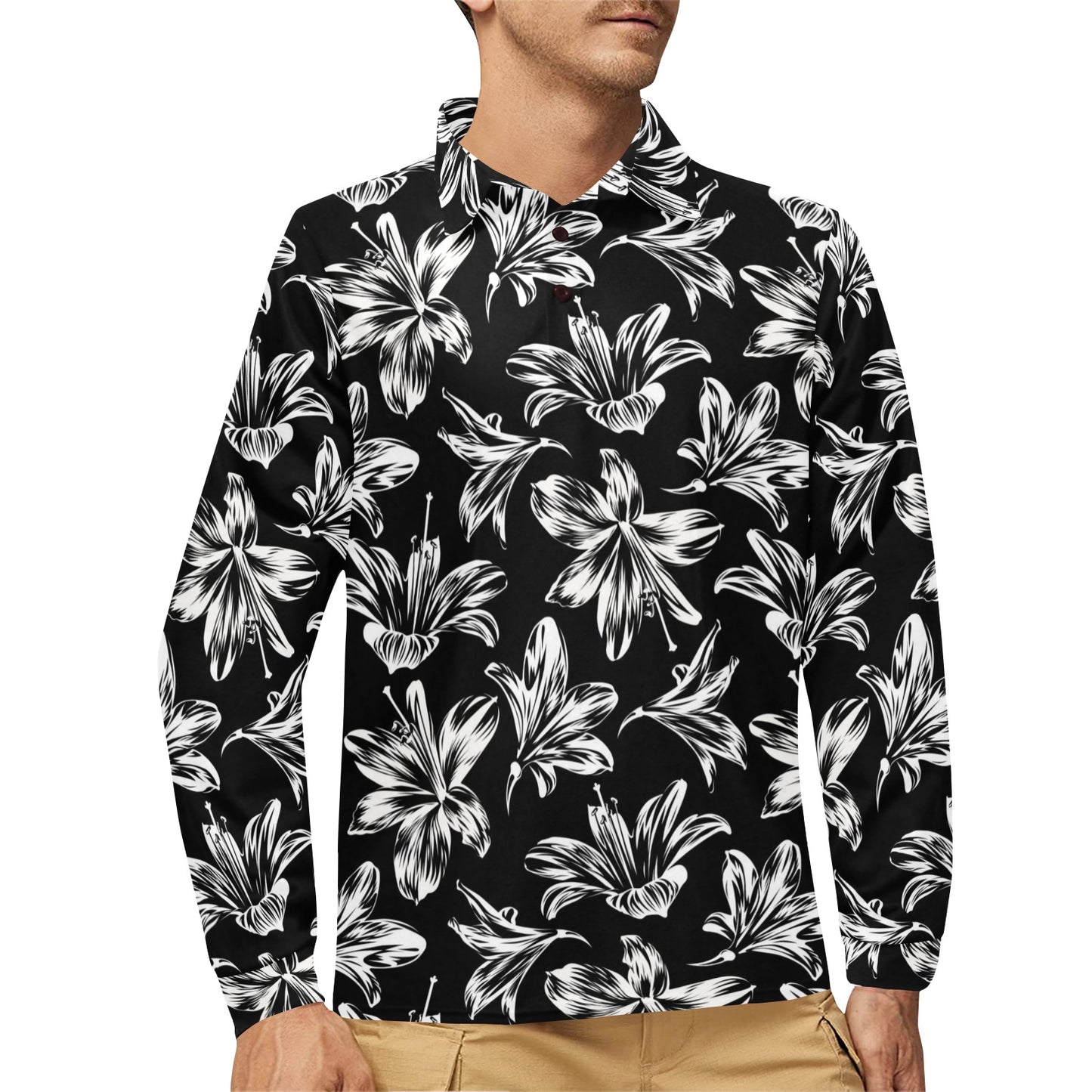 Amaryllis Pattern Print Design AL04 Long Sleeve Polo Shirt For Men's