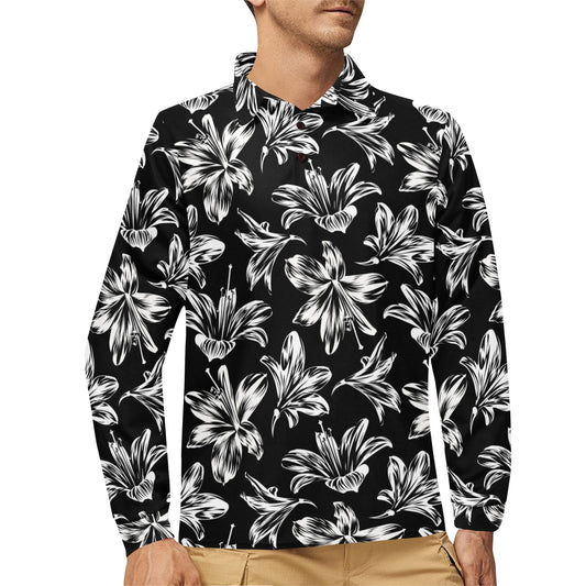 Amaryllis Pattern Print Design AL04 Long Sleeve Polo Shirt For Men's