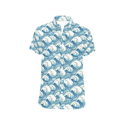 Wave Japan Style Print Design LKS304 Men Short Sleeve Button Up Shirt