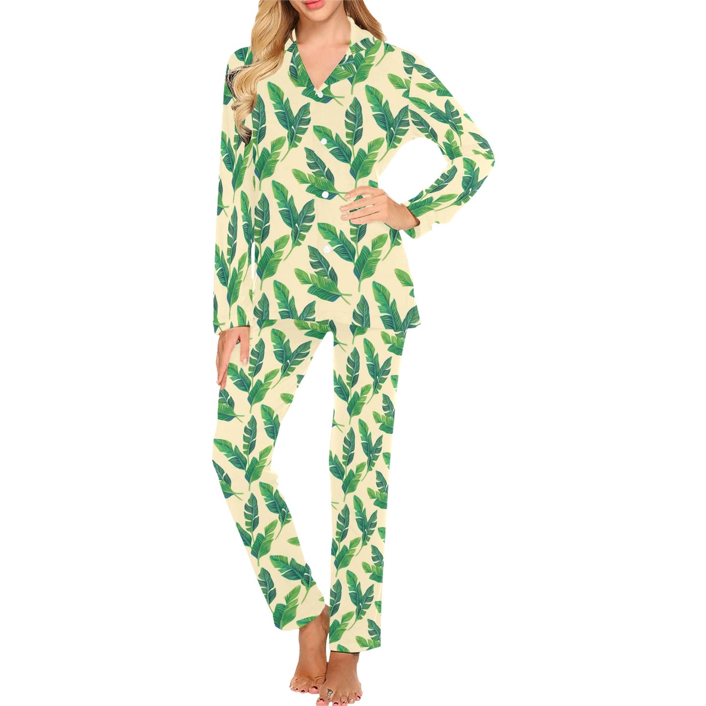 Banana Leaf Pattern Print Design 01 Women's Long Pajama Set