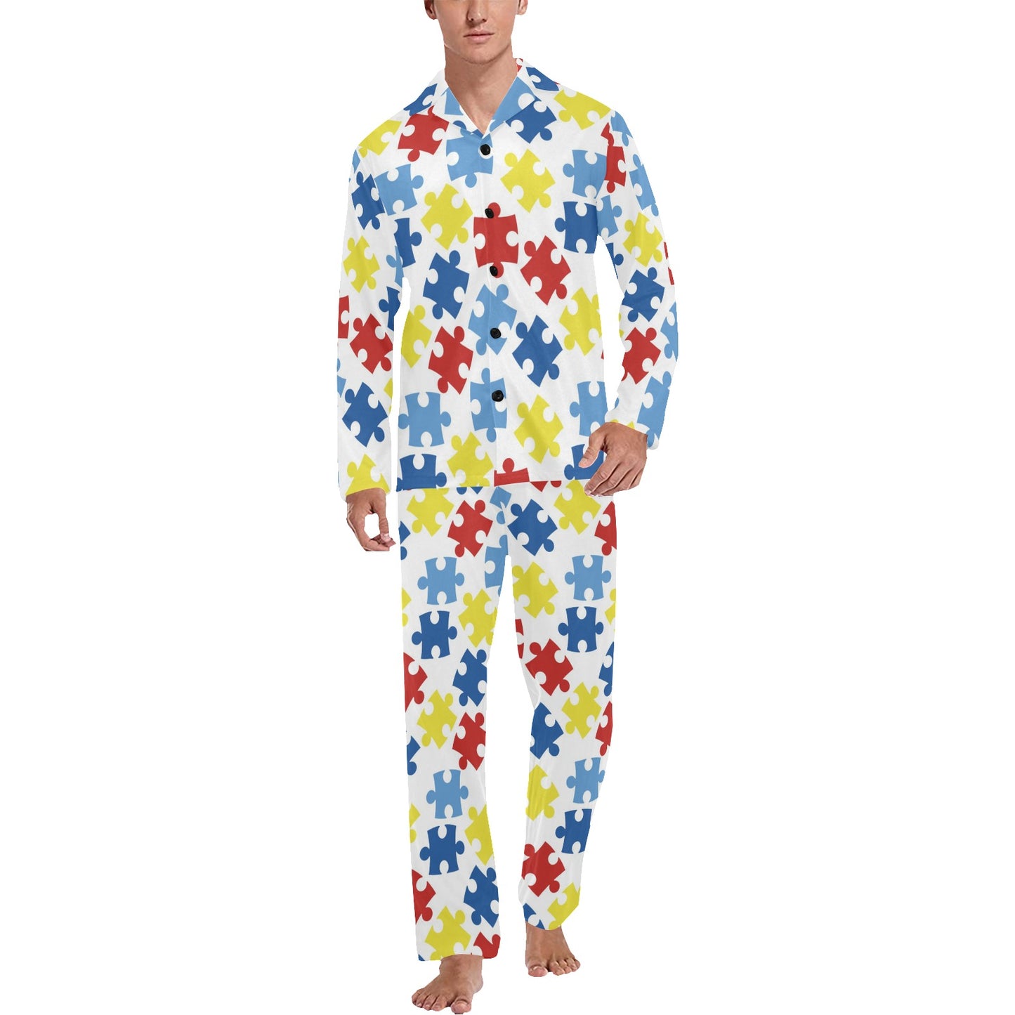 Autism Awareness Pattern Print Design 04 Men's Long Pajama Set