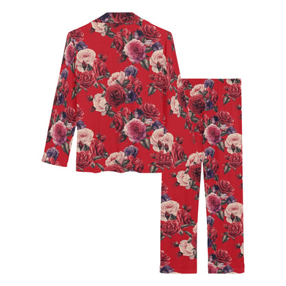 Rose Red Pattern Print Design RO07 Women's Long Pajama Set