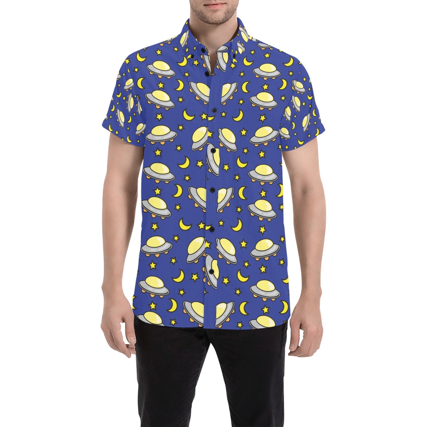 UFO Print Design LKS309 Men Short Sleeve Button Up Shirt