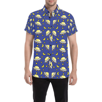 UFO Print Design LKS309 Men Short Sleeve Button Up Shirt