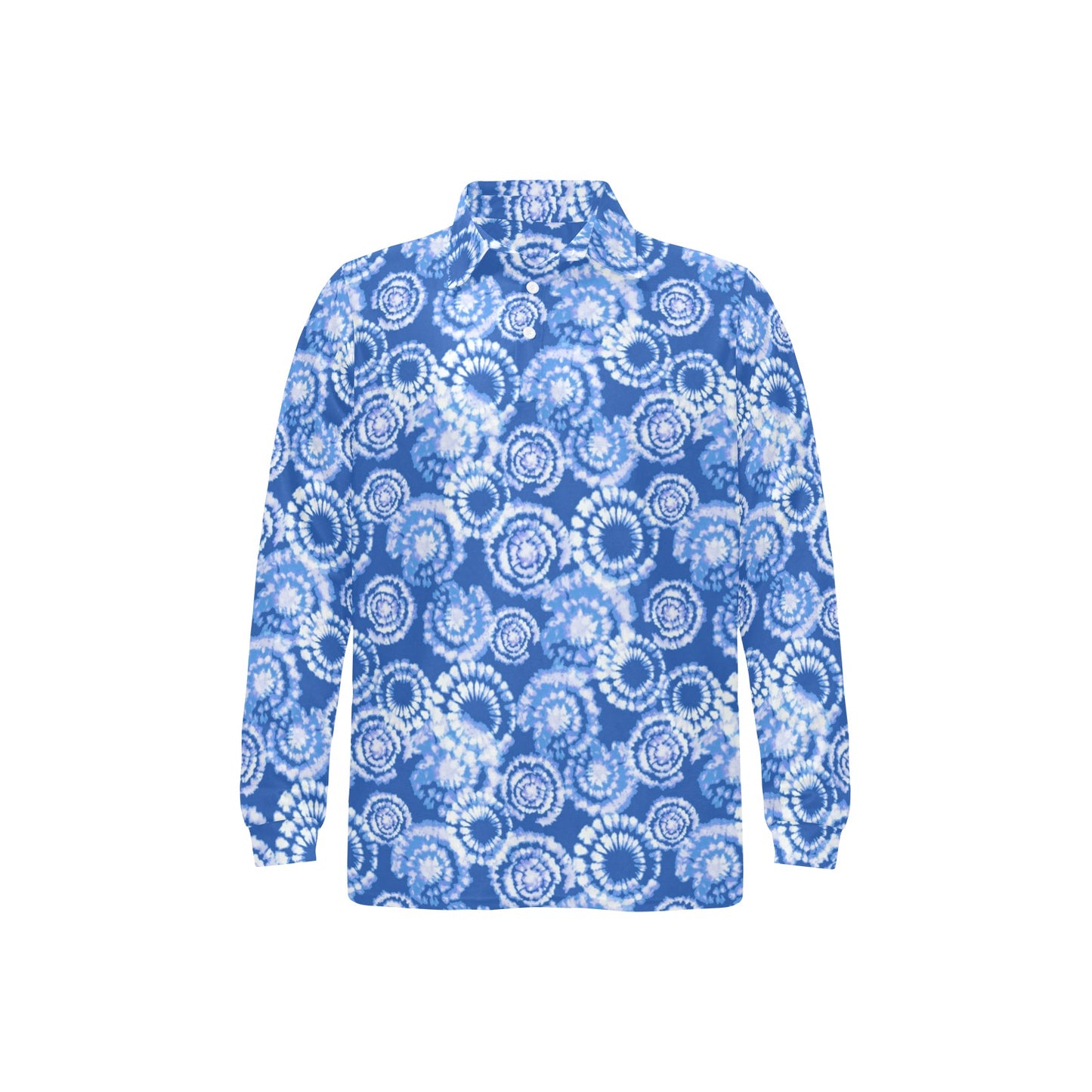 Tie Dye Blue Design Print Long Sleeve Polo Shirt For Men's