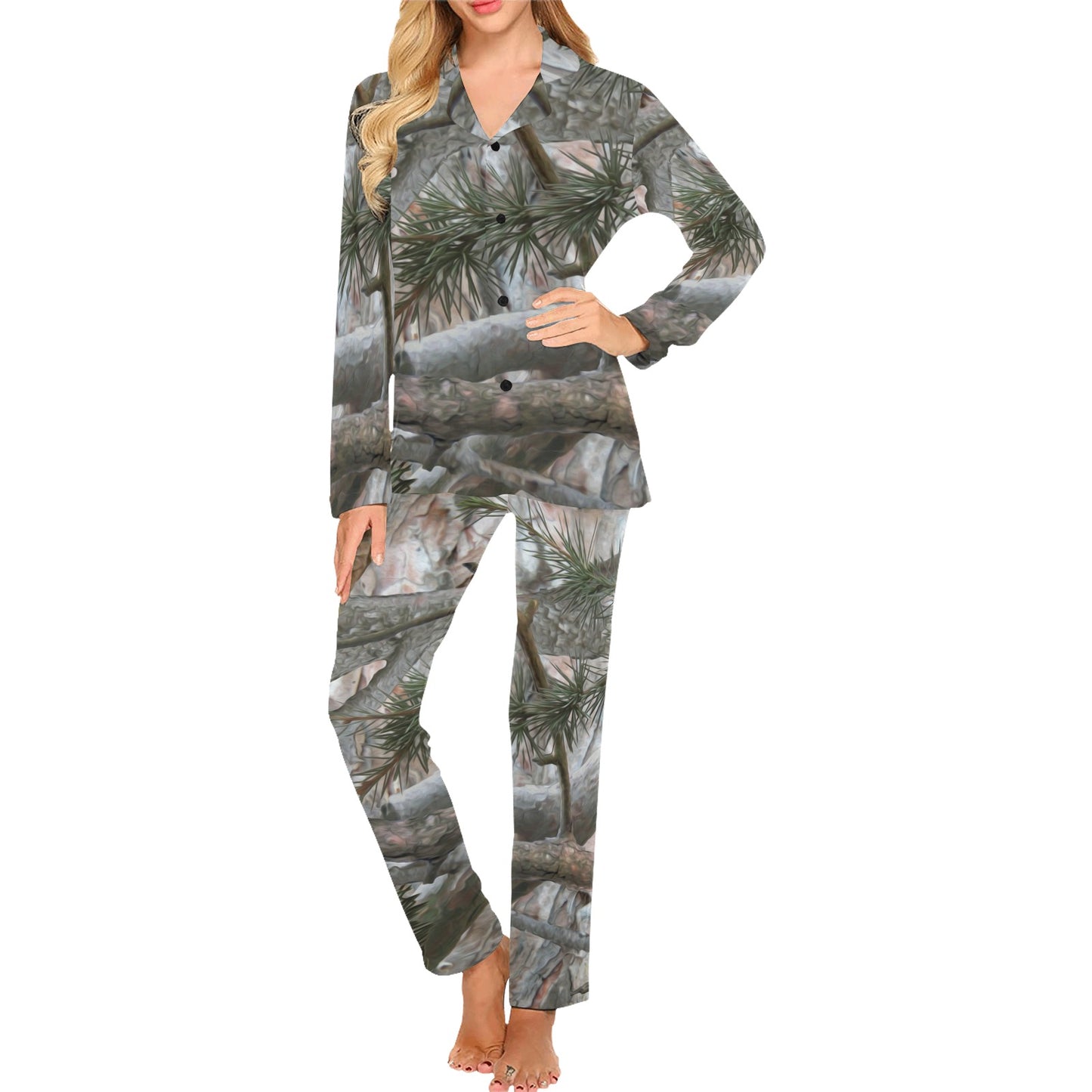 Camo Realistic Tree Forest Pattern Women's Long Pajama Set