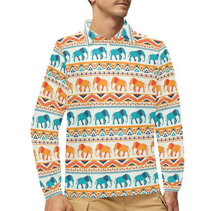 Elephant Aztec Ethnic Print Pattern Long Sleeve Polo Shirt For Men's