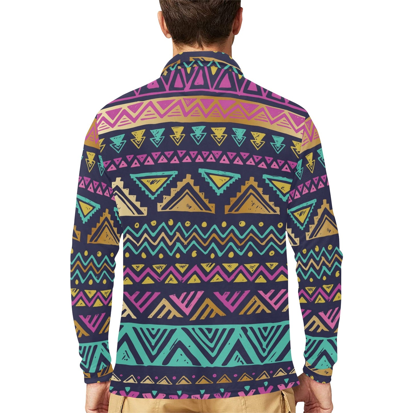 Multicolor Tribal aztec Long Sleeve Polo Shirt For Men's