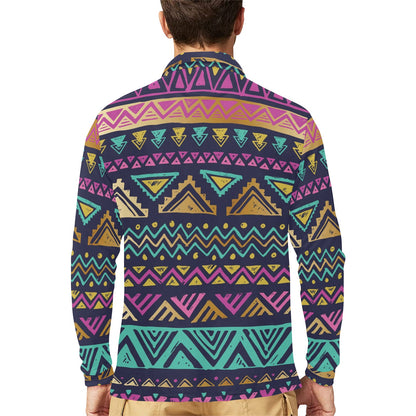 Multicolor Tribal aztec Long Sleeve Polo Shirt For Men's