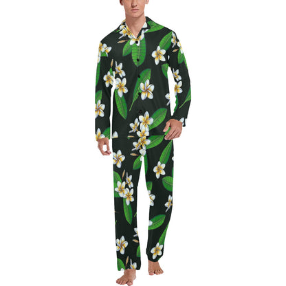 White Plumeria Pattern Print Design PM023 Men's Long Pajama Set
