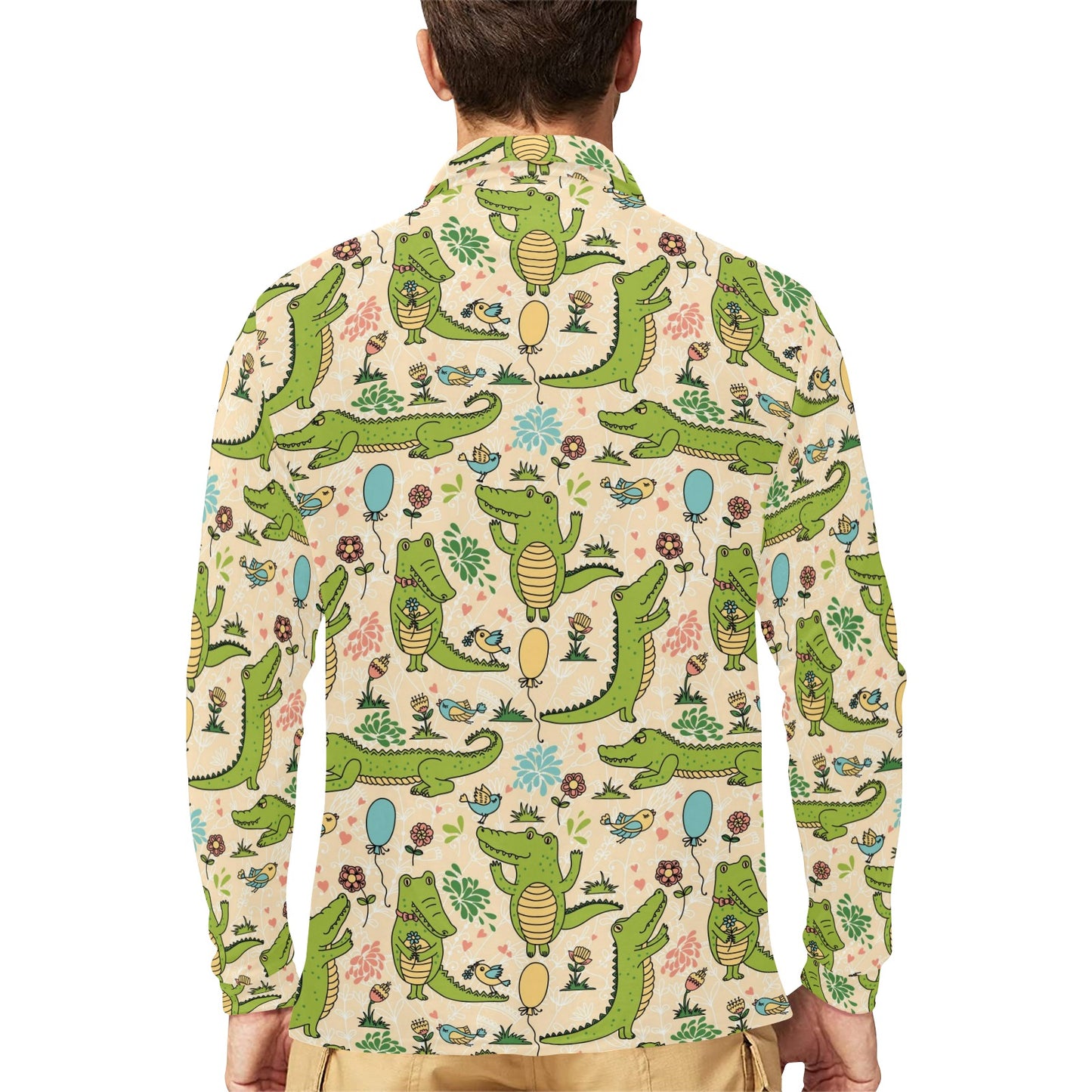 Alligator Pattern Print Design 01 Long Sleeve Polo Shirt For Men's