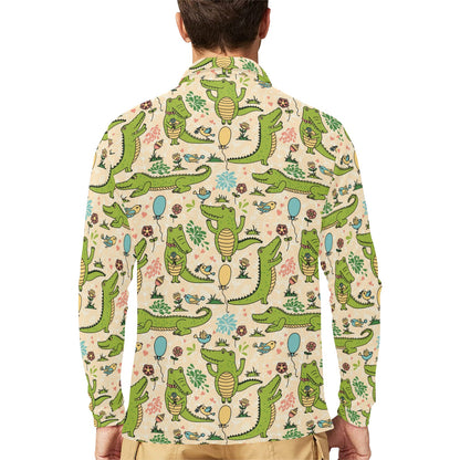 Alligator Pattern Print Design 01 Long Sleeve Polo Shirt For Men's