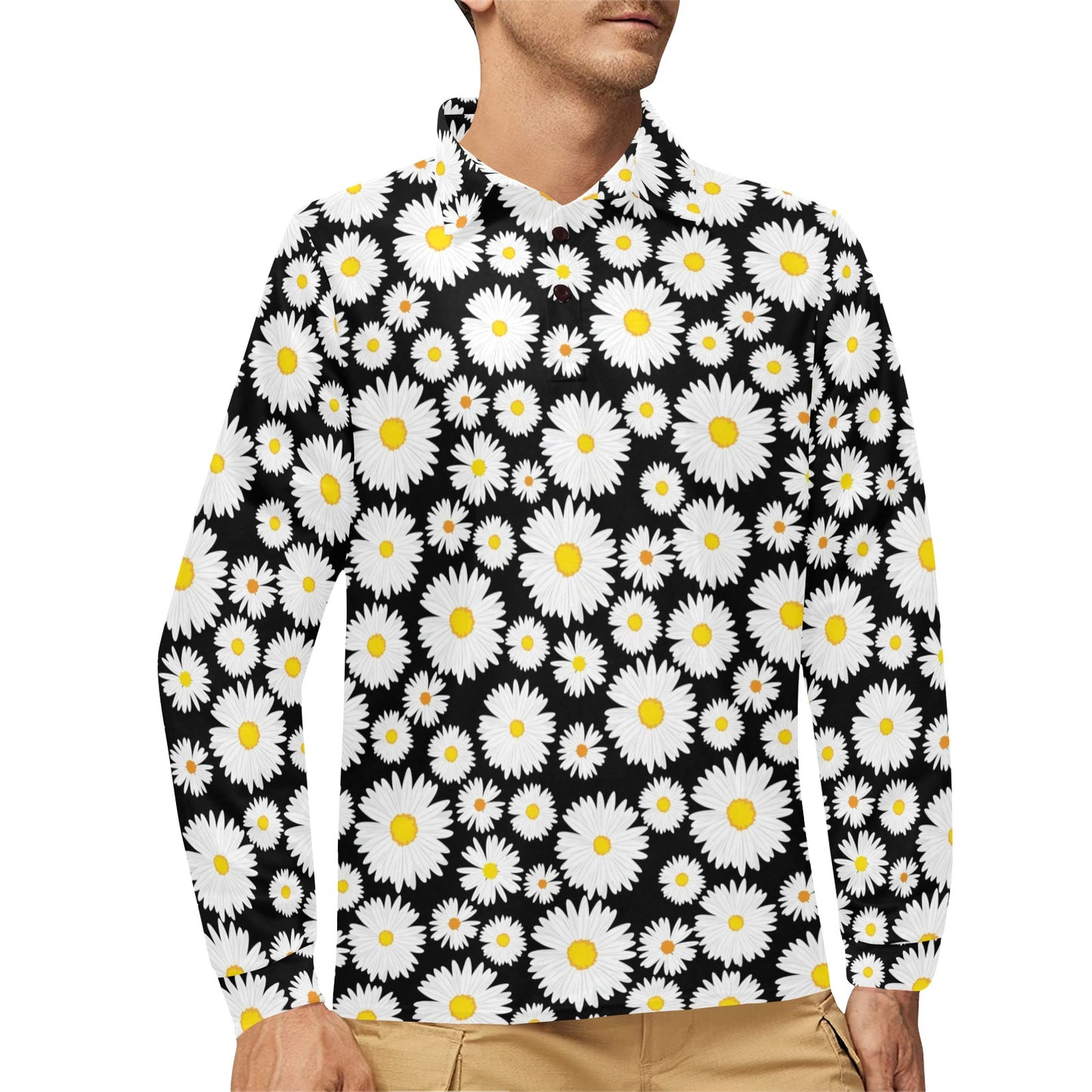 Daisy Pattern Print Design 01 Long Sleeve Polo Shirt For Men's