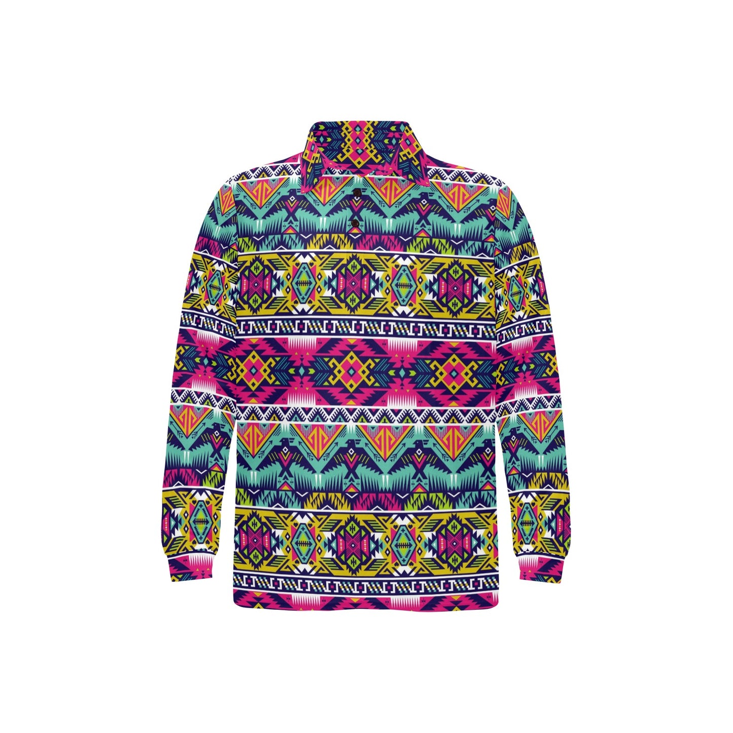 Indian Navajo Color Themed Design Print Long Sleeve Polo Shirt For Men's
