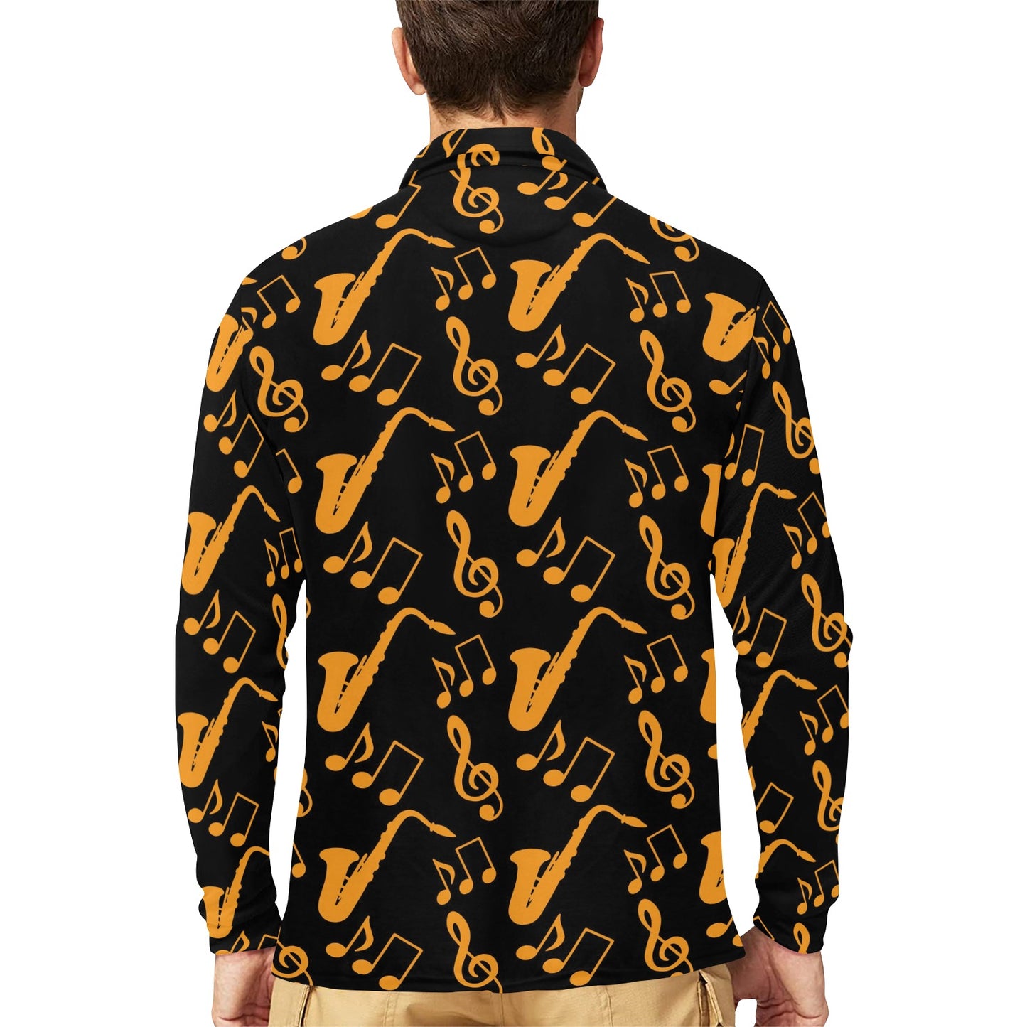 Saxophone Pattern Print Design 02 Long Sleeve Polo Shirt For Men's
