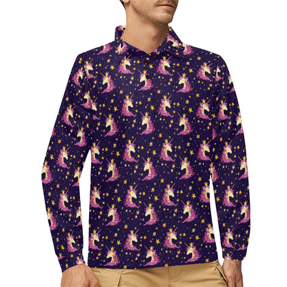 Unicorn Princess Star Sparkle Long Sleeve Polo Shirt For Men's