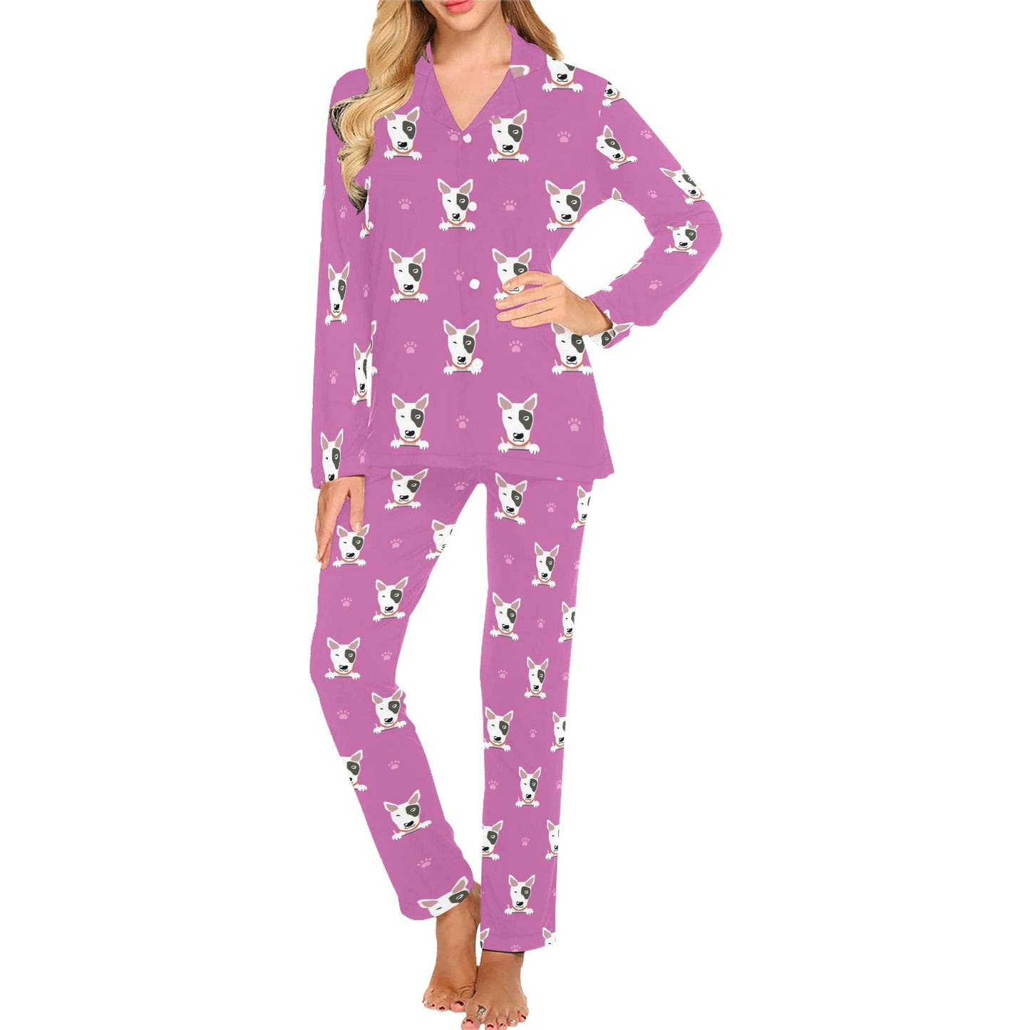 Bull Terrier Happy Print Pattern Women's Long Pajama Set