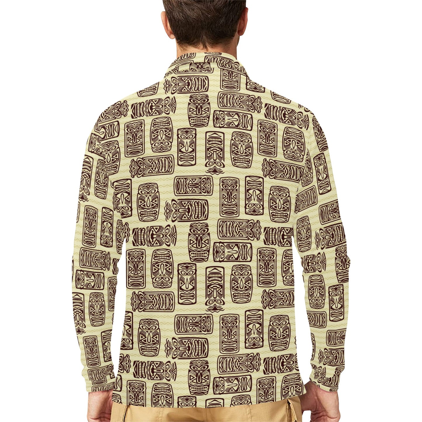 Tiki Brown Mask Print Long Sleeve Polo Shirt For Men's