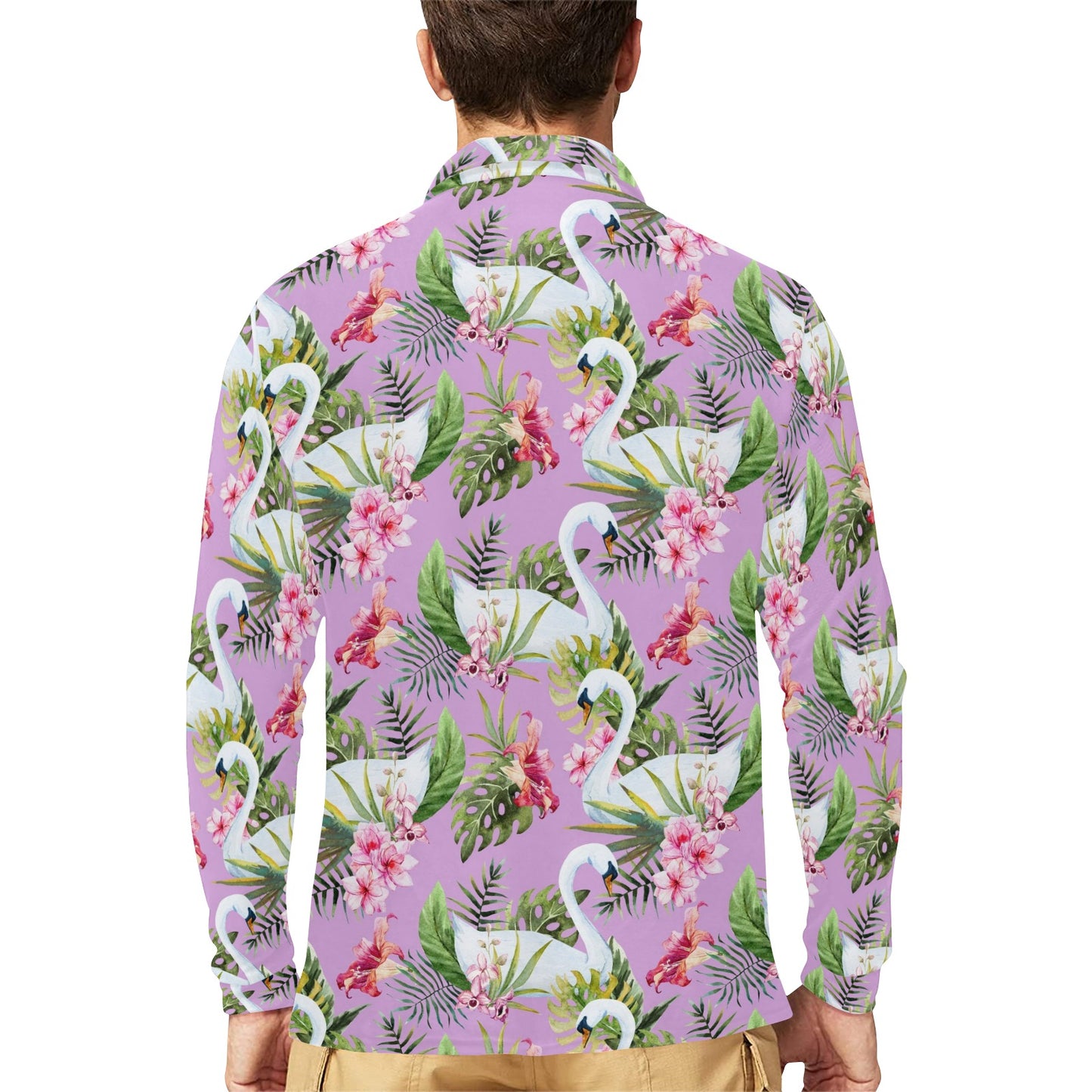 Swan with Flower Pattern Print Design 01 Long Sleeve Polo Shirt For Men's