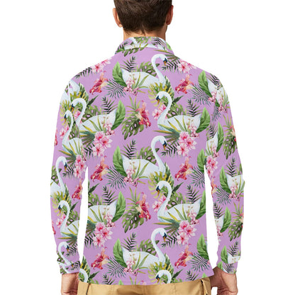 Swan with Flower Pattern Print Design 01 Long Sleeve Polo Shirt For Men's