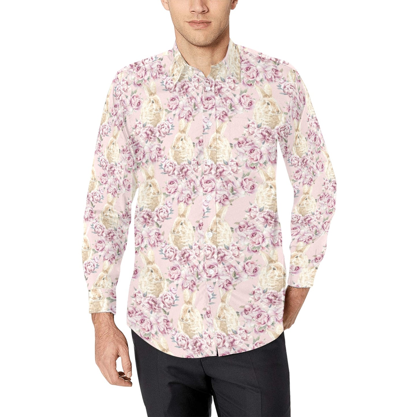 Rabbit Print Design LKS403 Men's Long Sleeve Dress Shirt