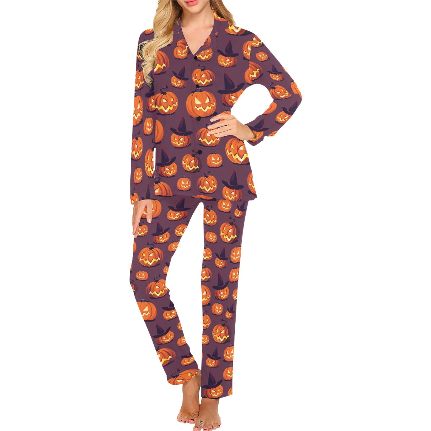 Halloween Pumpkin Pattern Print Design 03 Women's Long Pajama Set