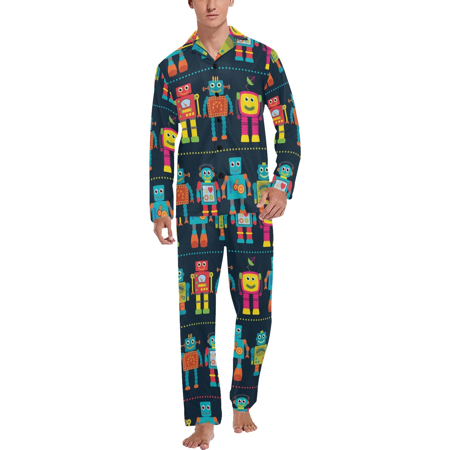 Robot Pattern Print Design A01 Men's Long Pajama Set